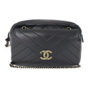 Chanel V Stitch Shoulder Bag Herringbone Quilted Chain Black Also